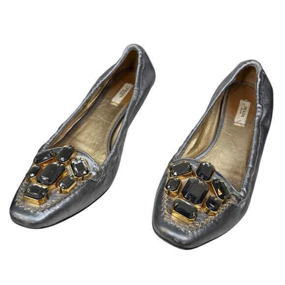Prada Women’s Rhinestone Silver Metallic Ballet Flats Size 38.5 US 8.5 - Picture 6 of 13